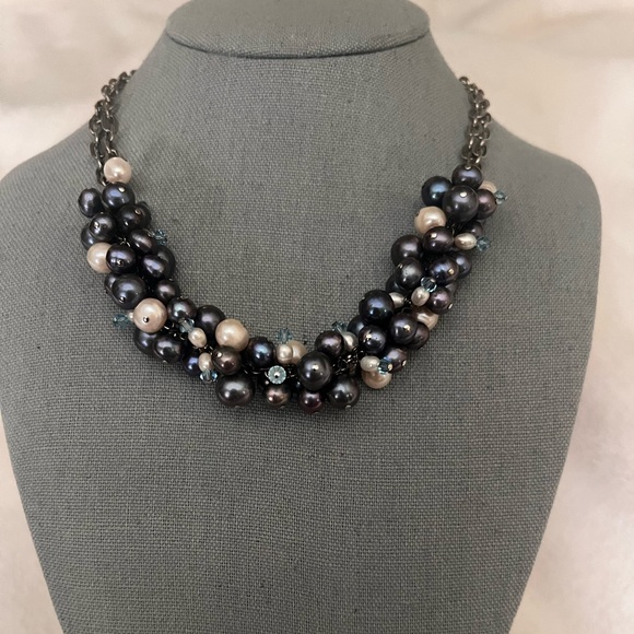 NWOT Genuine Tahitian Peacock Pearls n Crystal Statement Bib Necklace - Picture 1 of 14